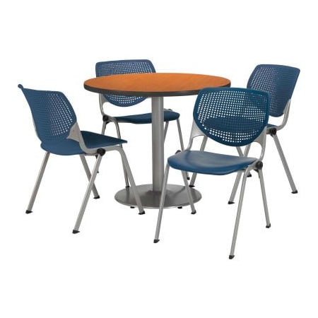 Kfi 42" Round Dining Table & Chair Set, Medium Oak Table With Navy Plastic Chairs T42RD-B1922SL-MO-2300-P03